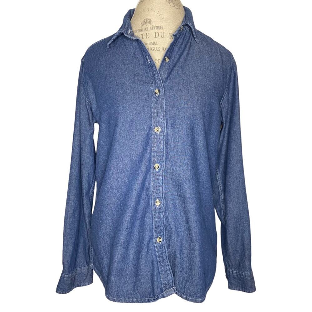 PORT & Company Blue Jean Button Up Long Sleeve Shirt Women’s Size Medium